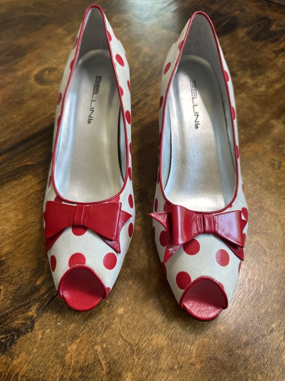 Red White Polka Dot Leather Peep Toe 2.5in Heels Bellini Bow  7 Retro Coquette